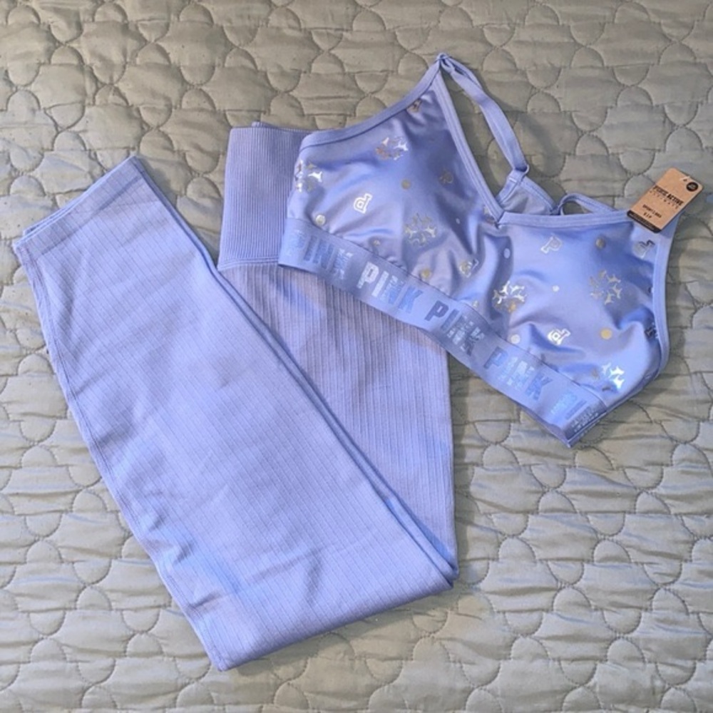 PINK Victoria's Secret Blue & Silver Sports Bra with Matching Seamless Leggings